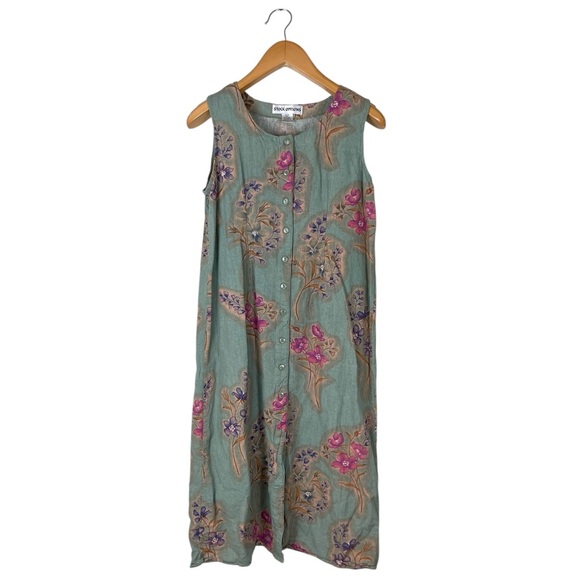 Vintage Stock Options Teal Button Front Linen Floral Dress Boho Women’s Large - Picture 1 of 7